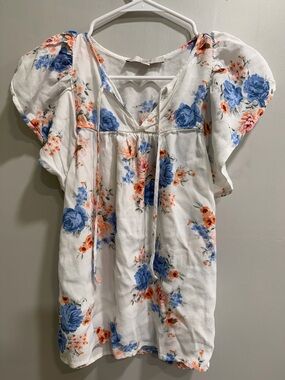 LOFT White Floral Peasant Top with Blue and Orange Blooms